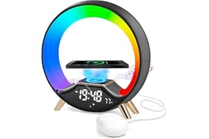 Cuteefun Réveil Lumineux, 15W Chargeur sans FI, Reveil Simulateur D'Aube avec Haut-Parleur Bluetooth, Reveil Radio, Deux Alarmes, Lampe de Chevet Réglable en Plus de 10 Couleurs, Noir
