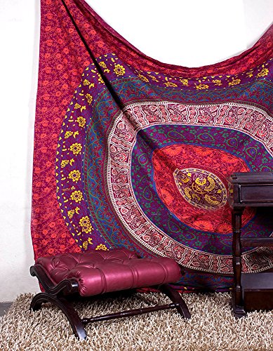 traditional seven colors round miracle circle of india , bohemian bedding ethnic handmade queen hippie boho tapestry by raajsee 220*240cms approx (maroon)