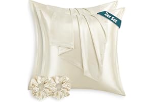 ‎RUIKASI RUIKASI Satin Kissenbezug 80x80 wie ein Seidenkissenbezug mit 2 Haargummis - seidig Kopfkissenbezug 80x80 für Haar und Haut, Pflegeleichter als Seiden Kissenbezug Silk Pillow Case, Beige