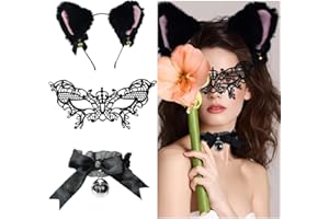 HAOMEEDUO Orecchie da Gatto Halloween Donna 1 Orecchie da Gatto Cosplay 1 Maschera Pizzo Nera e 1 Collane a Campana in pizzo nero Accessori per Festa, Halloweene, Cosplay, Feste in Costume