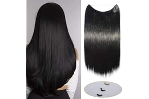 ‎SILK-CO Silk-co Haarverlängerung mit Gummiband, Glatte Extensions mit unsichtbare Schnur, Synthetisch Haarteil wie Echthaar, Haarverdichtung Haar Extensions für Frauen, Schwarz, 50cm