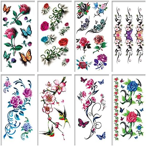 (Pack of 8)Assorted Rose Peony Flowers Temporary Tattoos Waterproof Stickers for Girls (Style 1)