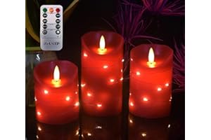 DANIP Rote flammenlose Kerze mit eingebetteter Sternenlichtschnur, 3 LED-Kerzen, 10-Tasten-Fernbedienung, 24-Stunden-Timer-Funktion, tanzende Flamme, echtes Wachs, batteriebetrieben.