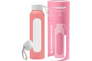 Wessper Bouteille a eau 500 milliliters, Bouteille de Motivation avec échelle D'hydratation, Gourde pour eau en Verre Borosilicaté avec étui en Silicone, Matériau Sans BPA – Rose
