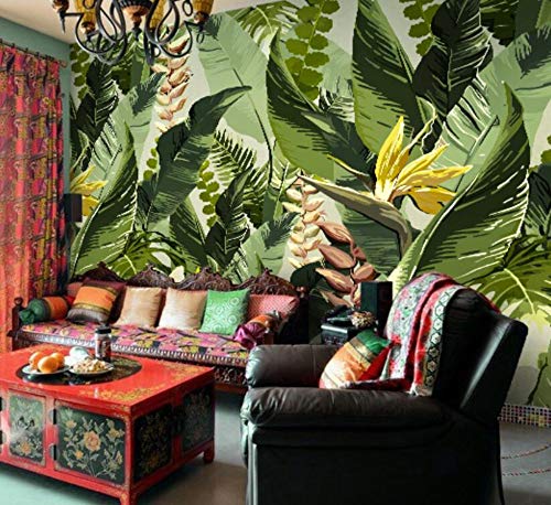 Green Banana Leaf Tropical Rainforest Wallpaper Palm Tree 3D Three-Dimensional Leaf Mural Plant TV Background Wall, 350cm*245