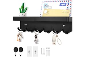 Echehi Schlüsselhalter mit 6 Haken, Einfach zu Installierende Schlüsselbrett Ohne Bohren, Metall Schlüsselablage, Garderobe, Briefständer, Geeignet für Eingangsbereiche und Hinter Türen. Schwarz