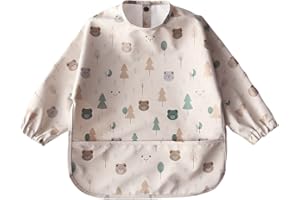 MOXTOYU Weaning Bibs with Sleeves, Coverall Baby Feeding Bib Long Sleeve Large Pocket, Button Design Toddler Sleeved, Gift for Birthday Shower to from 6-36 Months, Beige