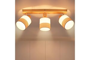‎GLITZERLIFE Glitzerlife Deckenstrahler 3 Flammig Deckenlampe Wohnzimmer - Deckenleuchte Holz Vintage E14 Lampe Küche Stoffschirm Retro Schwenkbar 350° Deckenspot Flur Schlafzimmer, Dekorationen Weihnachten
