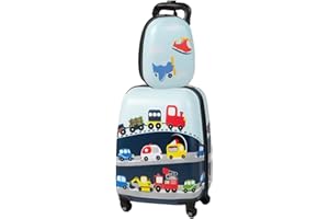 HOMFME 2 PCS Kids Luggage Set, 16 Inch Children Carry on Suitcase with 12 Inch Backpack, Adjustable Handle and Smooth Wheels, Hard Shell Boys Girls Trolley Case for Travel School (Cars, Blue)