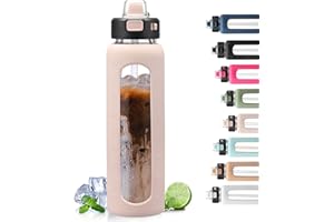 BLUEGO 900ML Bouteille d'eau en Verre avec Poignée et Paille Bouteille d'hydratation avec Manchon en Silicone et Marquage du Temps Gourde de Motivation pour Gym Sport Extérieur Anti-fuite, Rose