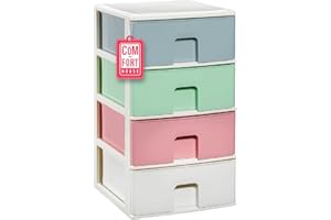Cajonera Plástico 4 Cajones Blanco Multicolor - Organizador Almacenamiento Ropa Dormitorio Escritorio - 37x38x62.8cm - Montaje Fácil - COM-FORT HOUSE