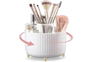 JADEMALL Rotating Makeup Organiser, 360° Rotating Large Capacity Brush Holder, Storage with 5 Slots, Makeup Brushes Cup for Vanity, Bathroom, Desk Storage Container, Cosmetic Display Cases - White