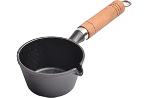 UPTALY Mini chauffe-beurre en fonte de 11 cm (250 ml), avec poignée en bois, sans revêtement, petites omelettes avec bec, pot à lait, poêle à œufs portable pour le camping, casserole miniature noire