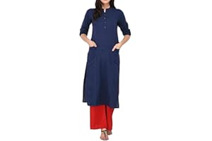 Ladyline Damen Tunika aus reiner Baumwolle, einfarbig, 3/4-Ärmel, aufrollbar, Knopfausschnitt mit Tasche, lang, Kurti Kurta