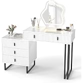 COSTWAY Makeup Vanity with Light, Dressing Table with Mirror, 5 Drawers, 3 Lighting Modes, Makeup Vanity Bedroom, Artificial