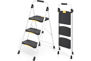 Urackify Escabeau Pliable 3 marches, Charge 150 kg, Verrouillage de sécurité, Pédales Larges, Accoudoirs, Escabeau escamotable léger pour la Maison, Cuisine, Placard et Bureau.