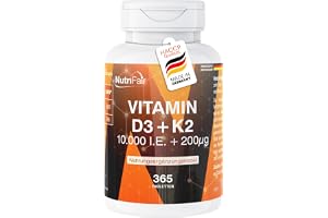 Vitamin D3 + K2 – 365 tabletter – 10.000 IE + 200μg – hög dos – 100% vegansk – Tysk tillverkning och laboratorietestad – NutriFair
