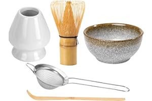 Keepaty Lot de 5 fouets à matcha japonais avec fouet à 100 broches, porte-fouet, cuillère traditionnelle, tamis à thé et bol à matcha en céramique, accessoire de cérémonie du thé