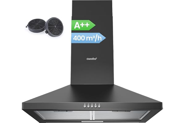 COMFEE' CH60A17EM400B-EU A++ Hotte Aspirante 60 cm à Recirculation et Évacuation d'air avec Filtre à Charbon Actif, Débit d'air de 400 m³/h, Filtre à Graisse Lavable, Cheminée Réglable, Noir