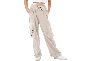 Rolanko Ragazze Pantaloni Cargo, Vita Alta Elastica con Tasche Multiple e Pantaloni a Gamba Larga per Bambini