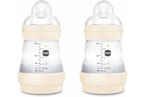 MAM Pack 2 Biberones Anticólicos, Recién Nacido, 0-2 Meses, 160ml, con Tetina 1 Flujo Lento Fácil Aceptación, Autoesterilizable y Fácil de Limpiar, MAM Easy Start Anti-Colic, (El diseño puede variar)