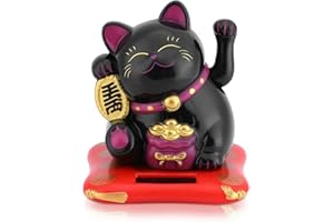 CYRANK Lucky Cat, Mini Maneki Neko Statua di Gatto Giapponese con Braccio ondeggiante Alimentato ad energia Solare per la Decorazione del cruscotto dell'auto di casa(Nero)