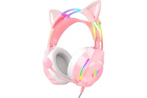ONITOON Gaming Headset with Cat Ears, RGB Backlight Headphones for PC/PS4/PS5/XBOX/Switch with Noise Cancelling Mic- Virtual 7.1 Surround Sound, Lightweight Design & Auto-Adjust Headband, Pink