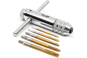 DEOLVEN T-Handle Ratchet Tap Holder Wrench,Adjustable HSS T-Shaped/T Type One-Hand Tap and Die Set Tapping Threading Tool with 5 Pack Hand Thread Screw Tap M3-M8 3mm-8mm