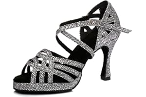 MGM-Joymod - Scarpe da Donna con Punta Aperta e Cinturino Incrociato Plateau Sintetico per Salsa Tango Argento 7 5 cm Tacco 35 EU