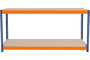 MONSTER RACKING Banco de Trabajo p/Garaje S-Rax 2 Niveles | 180cm x 45cm x 90cm | Capacidad por Nivel 300kg | Montaje Sin Tornillos | 3 Barras de Soporte Reforzadas | Patas de Goma | Mesa para taller almacén depósito