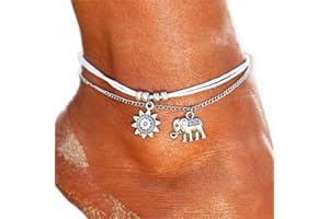 Clataly Sun Moon Braccialetti Della Caviglia Multistrato Ananas Amore Tartaruga Perline Della Caviglia Accessori Estivi Beach Foot Gioielli per Le Donne Ragazze (Cavigliera da elefante solare)