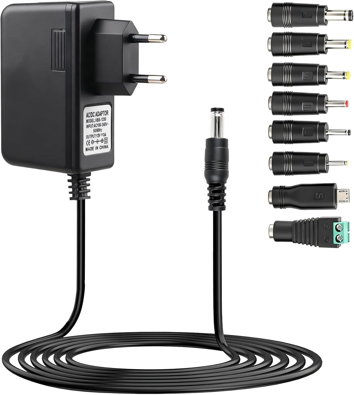 Adaptador de Alimentación 12V 3A 36W con Conector DC 5.5x2.1 mm con 8 Enchufes DC Desmontables, Cargador Universal 12V para Cámaras CCTV, Tiras LED, Router, Monitor LCD, Dispositivos Electrónicos