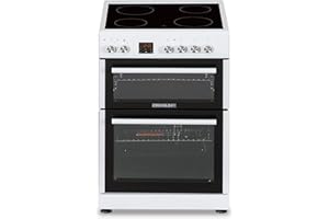 Cookology CFDO600WH 60cm Wide, 86 Litre Capacity Freestanding Electric Double Cooker Fan Oven with Ceramic Top 4 Cooking Zone Hob - in White