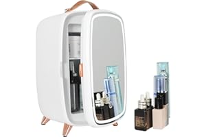 eklipt Mini Fridge with Dimmable LED Mirror (6 Liter/8 Can), Skincare Fridge, AC/USB Power Portable Beauty Fridge, for Refrigerating Makeup, Skincare and Food, Bedroom, Office and Car, White