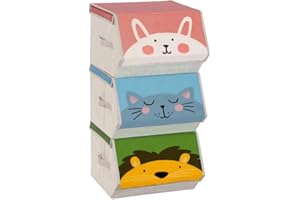 SONGMICS Organizzatori per Bambini, 3 Scatole Portaoggetti Impilabili, Scatole Pieghevoli con Manici, Coperchio Magnetico, Tema di Modello Leone Gatto Coniglio, Rosa, Blu, Verde e Grigio RFB760P01