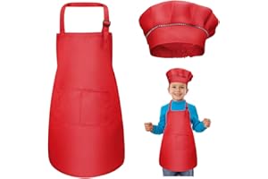 WEONE Niños Delantal y Gorro de Cocinero, Ajustable Delantal Infantil con 2 Bolsillos para Niños Niñas, Niñito Delantales de Cocina de Chef para Cocinar Hornear Pintar Artesanía (7-13 Años)