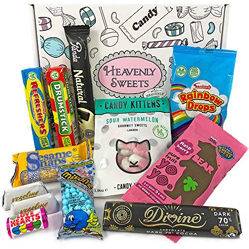 Heavenly Sweets Golosinas y Chocolate Veganos - Cesta de Regalo -Selección de Golosinas y Chocolates de EE.UU. - Navidad, Cumpleaños, San Valentín - 12 Piezas en Envases Retro