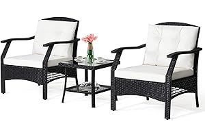 RELAX4LIFE 3PCS/4PCS Outdoor Furniture Set, Rattan Conversation Set Garden Table and Chairs Set with Cushion, Patio Sofa Set Wicker Conservatory Set for Backyard Poolside Lawn (3PCS-Without Loveseat)