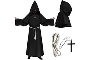 Puddry Kostium mnicha dla dorosłych, męski, na Halloween, średniowieczny płaszcz z dużą peleryną z kapturem, pasek ze sznurkiem i krzyżem, renesansowa szata cosplay, fantazyjny kostium kapłana