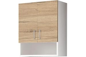 Mama Store Pensile Doppio ATENALAV-Armario Doble de Color Blanco Mate y Roble Natural con Compartimento para el día 60 cm x 22 cm x 71, L. 60 cm x P. 22 cm x H. 71 CM