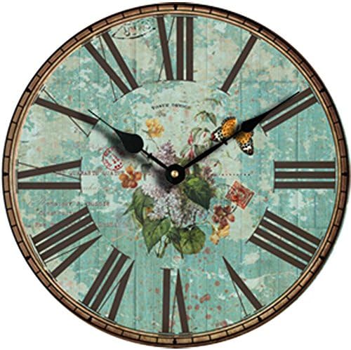 Yung Jo 10" Vintage Rustic Shabby Chic Style Roman Numeral Design Wooden Round Decorative Wall Clock (Flower Green)