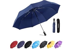 YumSur Parapluie Compact, Parapluie Pliable de Voyage, Coupe-Vent Automatique à Fermeture Automatique, poignée caoutchoutée pour Port en glissière, légère, renforcée, Portable, 10 Nervures Bleu