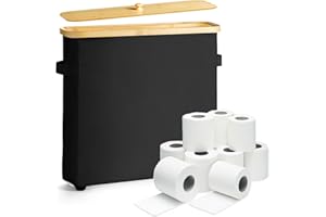 BINGYOUTH Toilettenpapier Aufbewahrung Korb mit Deckel und Griff, Bambus Toilet Paper Organizer Badezimmer Organizer mit Fußpolster, Toilettenpapier Aufbewahrungsbehälter für 12 Rollen Klopapier Schwarz