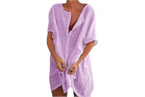 CHDIRNELY Women Beach Cover Up Cotton Linen Shirt Beachwear Botton-Down Swimsuit Coverup Bikinis Sarong Loose Blouse Tops Ladies Summer Dress Plus Size
