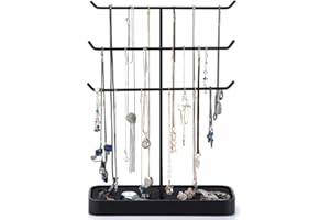 J JACKCUBE DESIGN JACKCUBE DESIGN Metal 3 Tier Jewellery Display Stand Tree Organiser Bracelet Necklace Holder Rack Hanger Tower with Earring Ring Tray Storage Tabletop(Black, 30.7 x 10.4 x 40.8 cm) – :MK320D