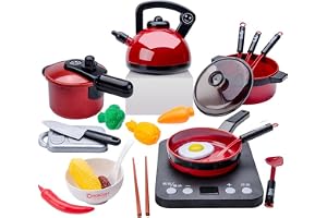 AM ANNA 49Pcs Kitchen Toys Kids Pretend Play Toys Set, Kids Play Cooking Set with Pots and Pans, BBQ Grill, Cutting Play Food and Vegetables, Play Kitchen Accessories for Girls Boys Toddlers