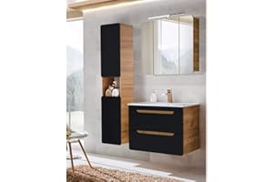 Lomadox Badezimmer Badmöbel Set mit Keramik-Waschtisch mit 81 cm Unterschrank, seidenmatt anthrazit mit Wotan Eiche Nb., Hochschrank und LED-Spiegelschrank