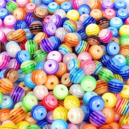 Kailusee 100 PCS Acrylic Round Stripe Resin Beads for Jewellery Making, Colourful Stripes, 8 Mix Colours, 8mm in Diameter