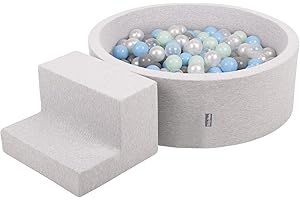 KiddyMoon Area di Gioco in Schiuma con Tondo Piscina di Palline (100 Palline) per Bambini, Grigioch:Perla/Grigio/Trasparente/Azzurro/Menta
