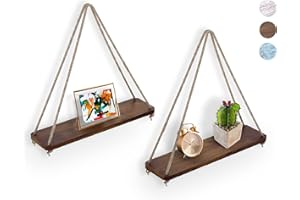 COMFIFY Rustykalny zestaw 2 drewnianych półek pływających ze sznurkiem – regał wiszący do domu wiejskiego do salonu – małe półki kuchenne ze sznurkiem – 43 cm x 13 cm – postarzany, rustykalny brązowy kolor